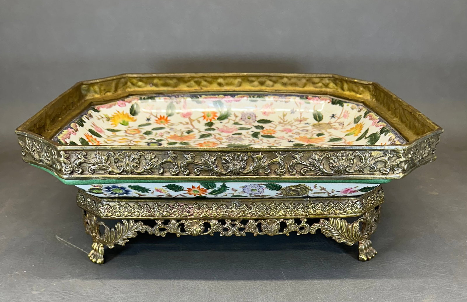 Wong Lee 1895 Porcelain & Bronze Center Piece: It actually looks very old, but though not actually an antique it is a beautiful piece that fits in well with many different decors, it looks good with French, Italian, Country American, and more. 16-