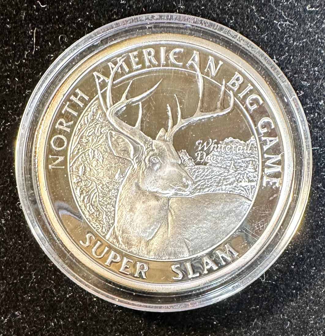 1 oz 999 Silver Round: American Hunting Club, North American Big Game " Super Slam" with a white tail deer. Shipping dimensions and weight given are for item(s) packaged.