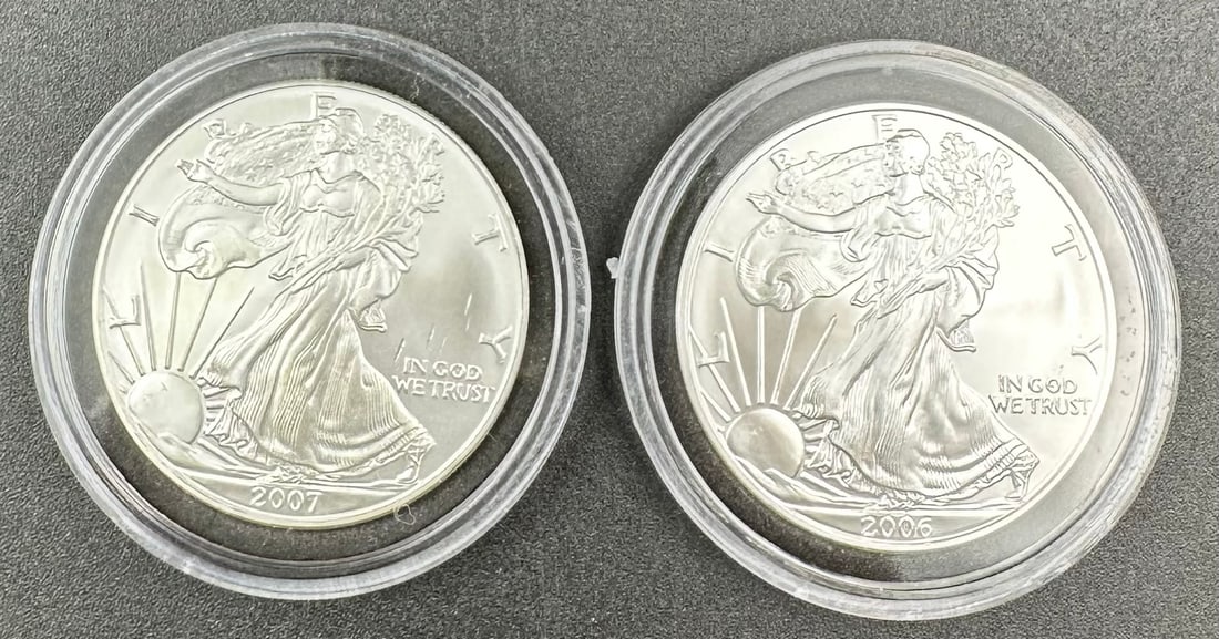 2 American Silver Eagles 2006 & 2007: You are bidding on 2 American Silver Eagles each in a hard plastic case. Shipping dimensions and given are for item(s) packaged.