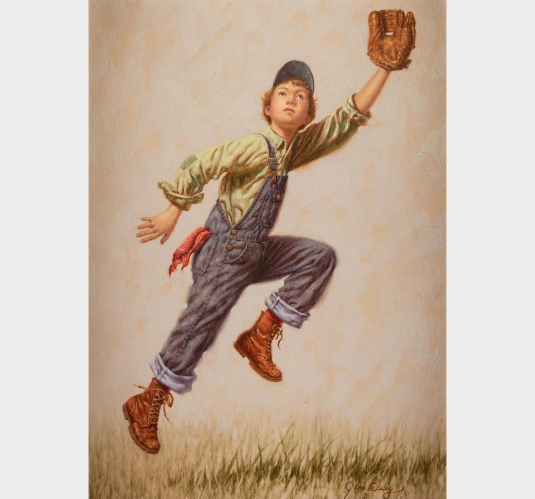 Jim Daly, two oils: Jim Daly (1940 -) Two oils: 1) Winning Catch Signed lower right Verso: Titled, signed and dated 1995. 2) Go Away Rain Signed and dated 1995 lower left Verso: Titled, signed and dated 1996. Each 12" x 