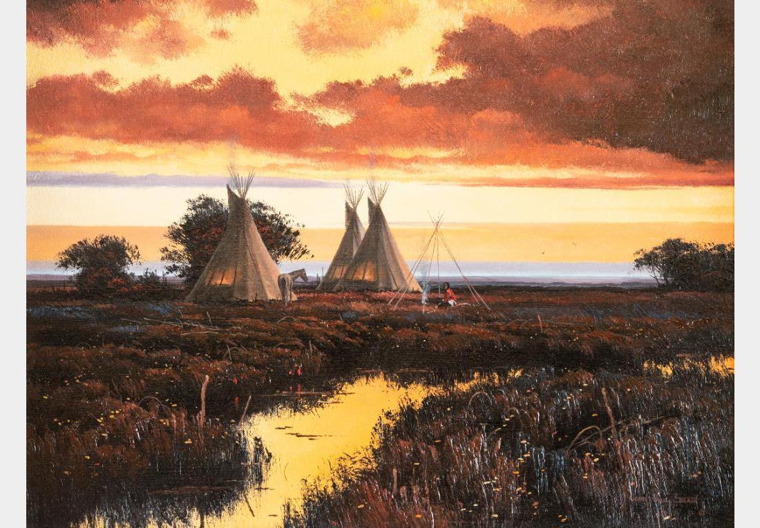 John Paul Strain, oil on board: John Paul Strain (1955 - ) Teepees at Sunset 12" x 16" oil on board Signed and dated 1980 lower right $1,000-1,500