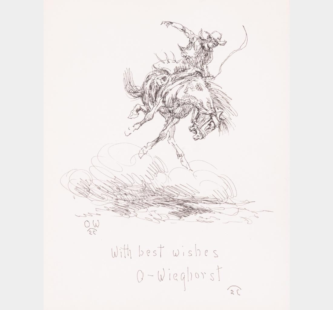 Olaf Wieghorst, two pen and ink drawings: Olaf Wieghorst (1899-1988) Two pen and ink drawings: 1) Bucking Horse 6" x 4.75" Signed lower center 2) Horse & House 5.5" x 8.75" Signed lower left $800-1,200 Provenance: Private Collection, Great Fa