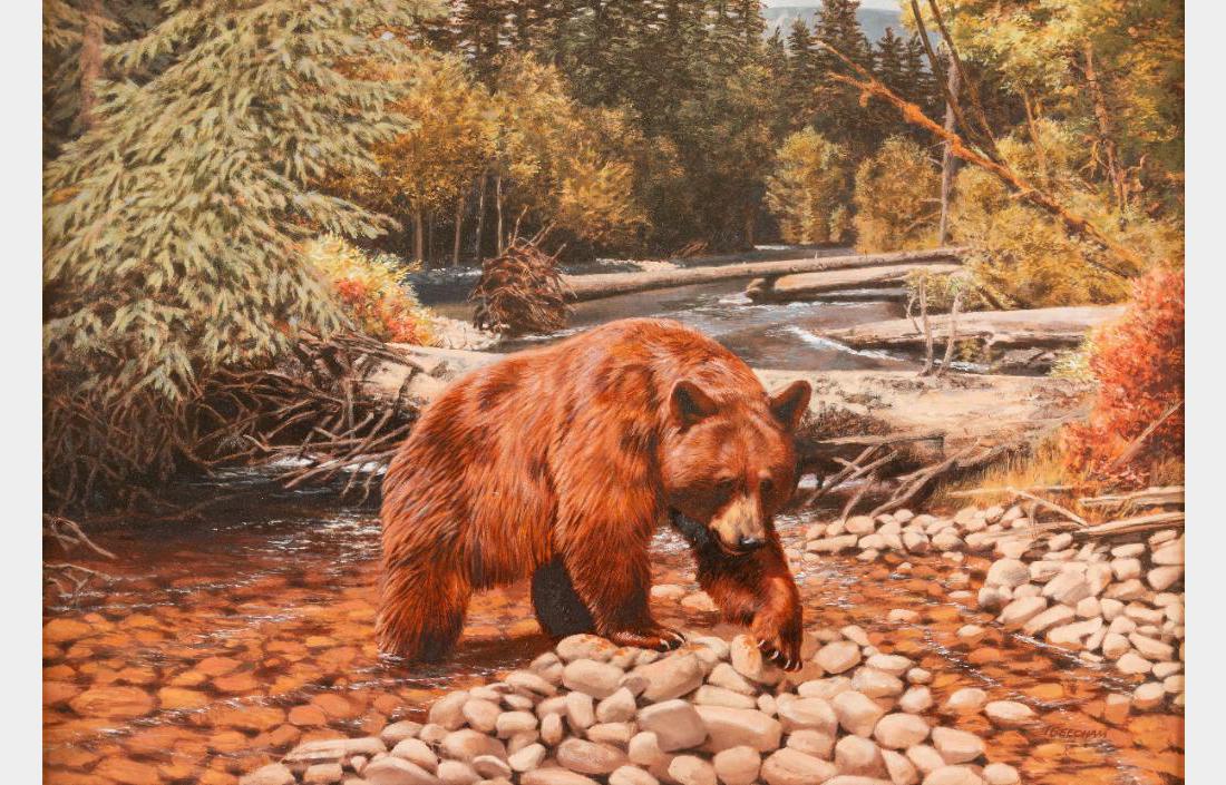 Tom Beecham, oil on board: Tom Beecham (1926-2000) Cinnamon Bear on Clearwater Creek 21" x 30" oil on board Signed lower right Verso: Sticker with title, "July - 1996 Remington Calendar". $2,000-3,000