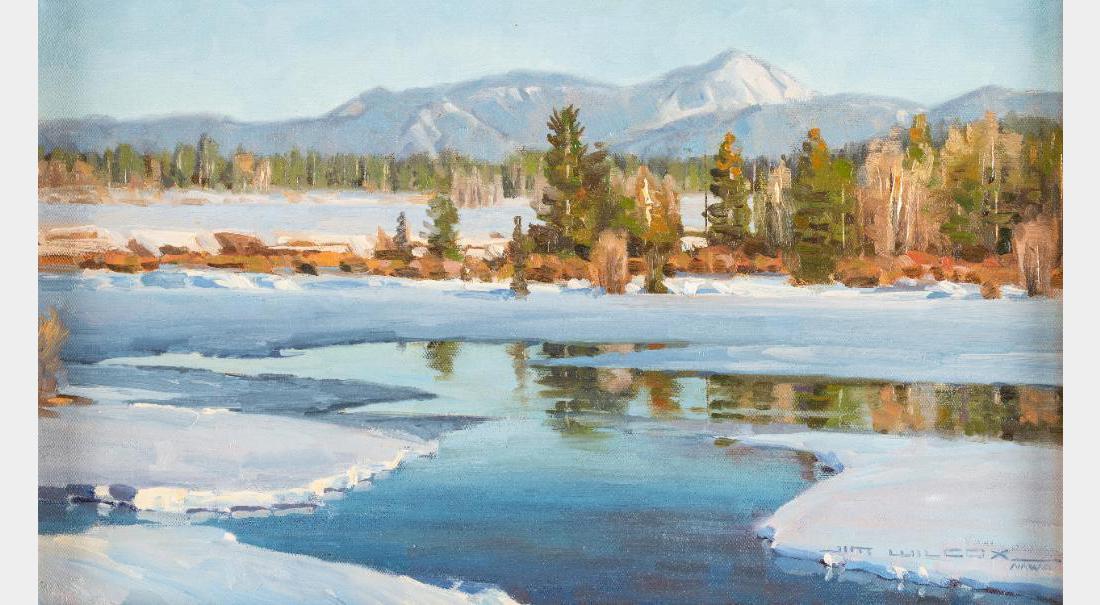 Jim Wilcox, oil on canvas: Jim Wilcox (1941 - )(NAWA) Freeze Up 12" x 20" oil on canvas Signed lower right, NAWA $1,000-1,500