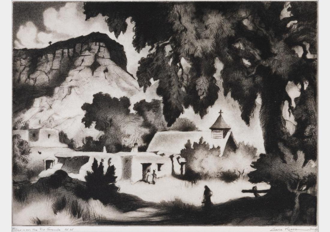 Gene Kloss, etching: Gene Kloss (1903-1996) Pilar - on the Rio Grande 8.75" x 11.75" etching Original pencil signature lower right, title & Edition # 35 lower left $1,000-1,500