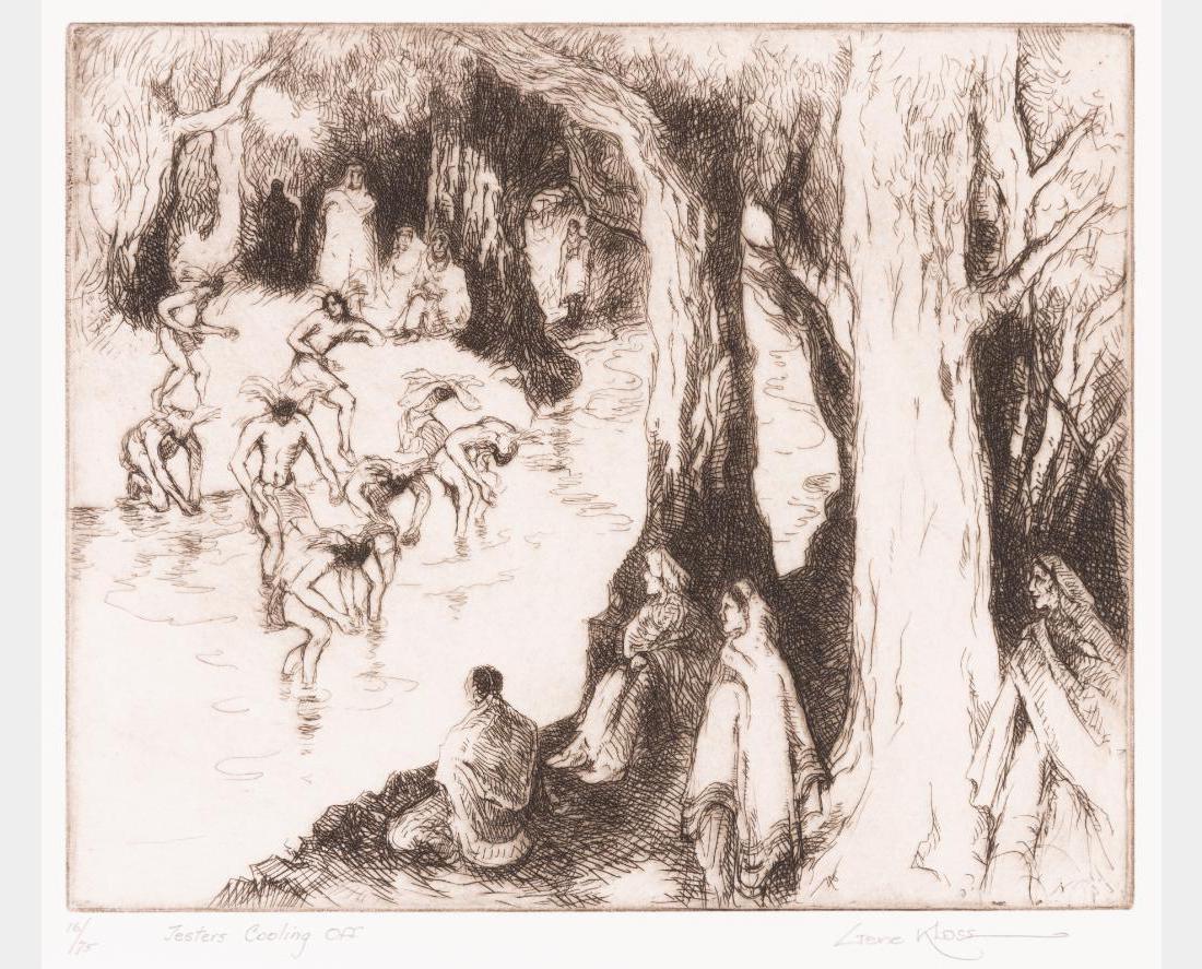 Gene Kloss, etching: Gene Kloss (1903-1996) Jesters Cooling Off 8" x 9" etching Numbered 16/75 and titled lower left, signed lower right. $1,500-2,500 Provenance: Ex. J.B. Gulbranson Collection, California.