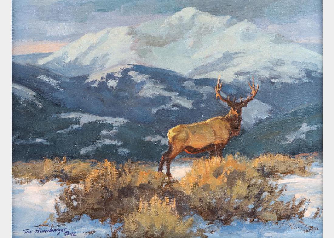 Tim Shinabarger, oil on canvasboard: Tim Shinabarger (1966 - ) Elk 12" x 16" oil on canvasboard Signed and dated '92 lower left $800-1,200