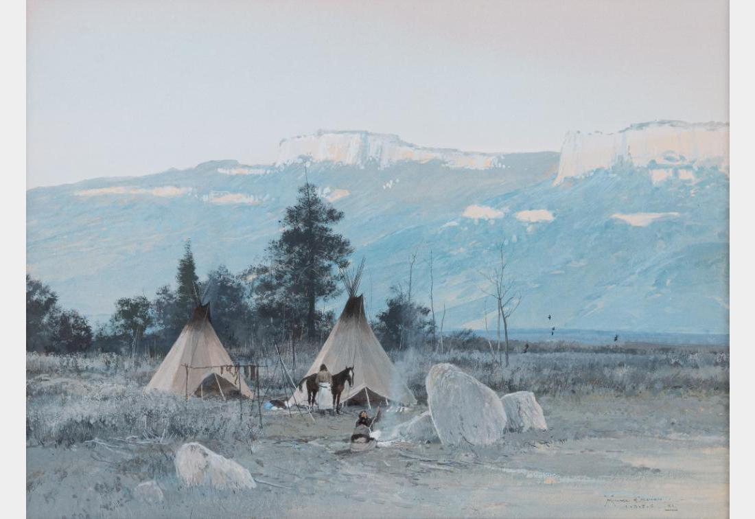 Michael Coleman, watercolor: Michael Coleman (1946 - ) Crow Encampment 11" x 15" watercolor Signed and dated 1976 lower right $4,000-6,000