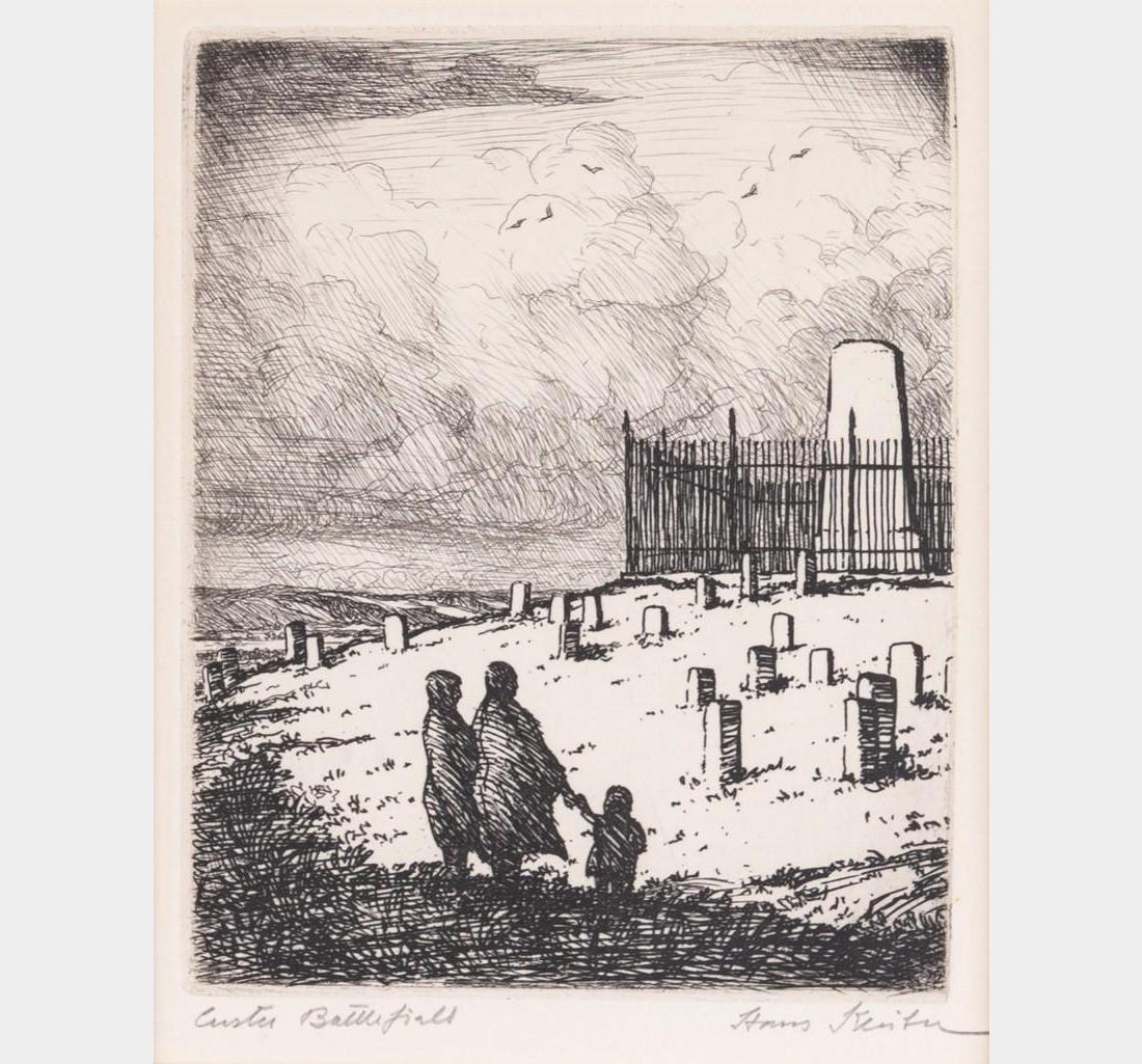 Hans Kleiber, etching: Hans Kleiber (1887-1967) Custer Battlefield 5" x 4" etching Signed lower right, titled lower left with accompanying photo of Monument to General Custer. 3" x 6". $800-1,200