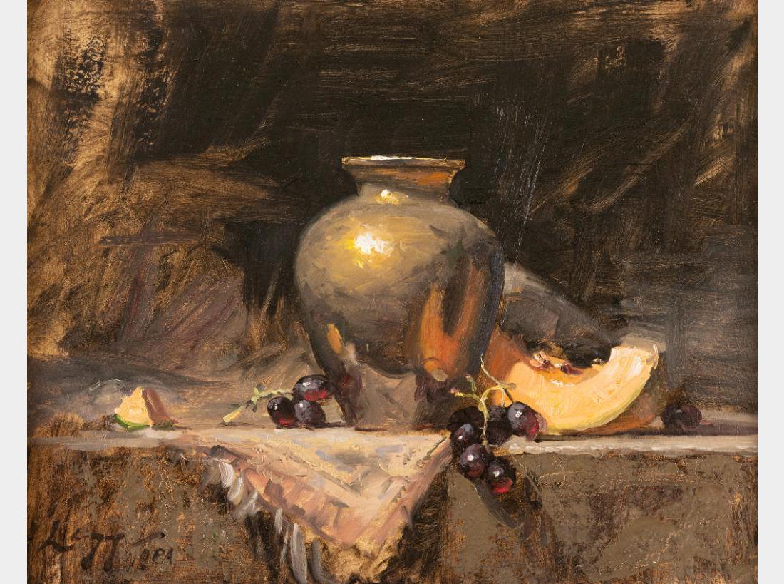 Jeff Legg, oil on board: Jeff Legg (1959 - )(OPAM) Brass, Cantaloupe & Grapes 16" x 20" oil on board Signed lower left, OPA $1,500-2,500