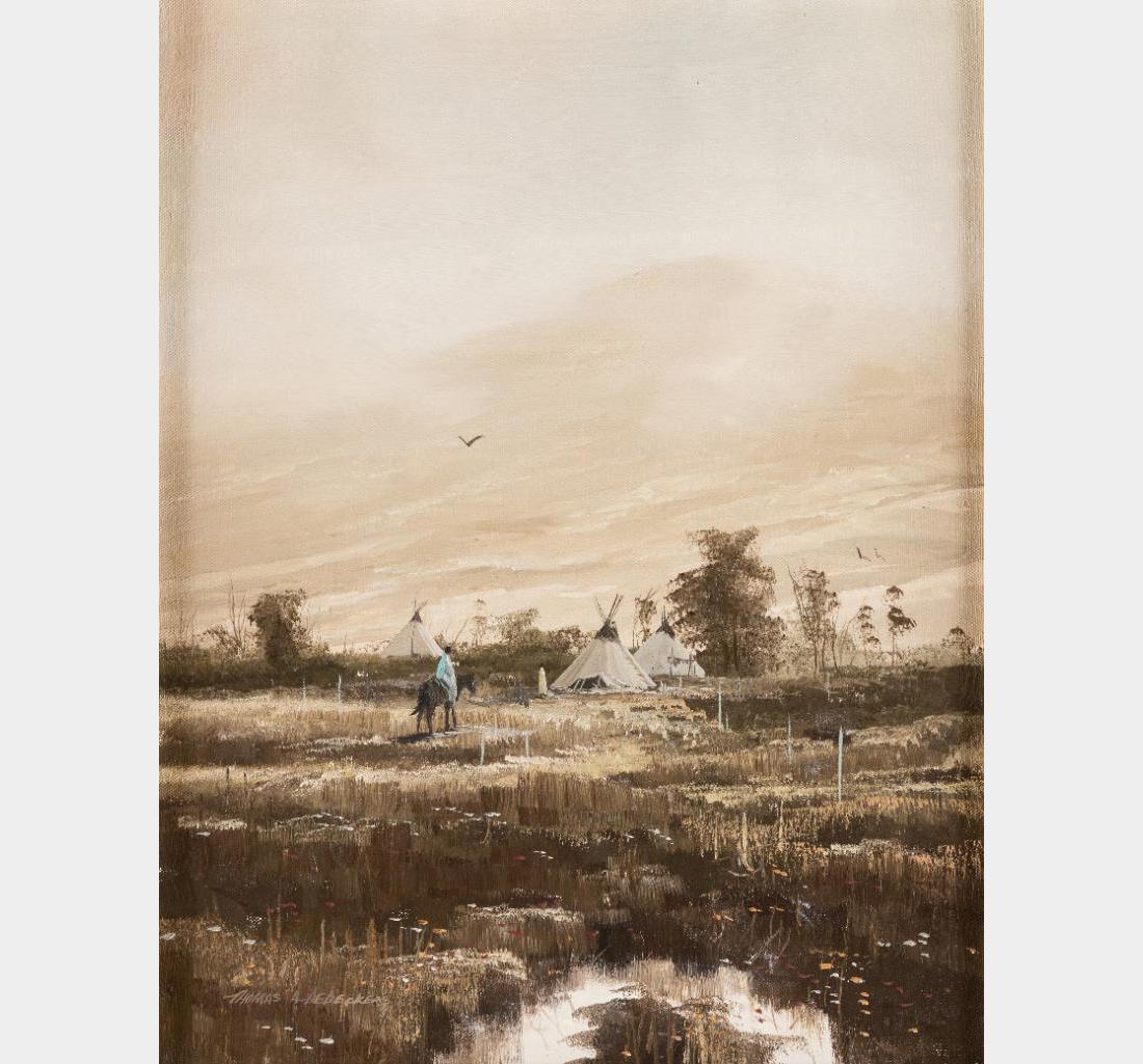 Thomas de Decker, oil on canvas: Thomas de Decker (1951 - ) Camp Guard 18" x 14" oil on canvas Signed lower left $1,000-1,500 Provenance: Private Collection, Washington State.