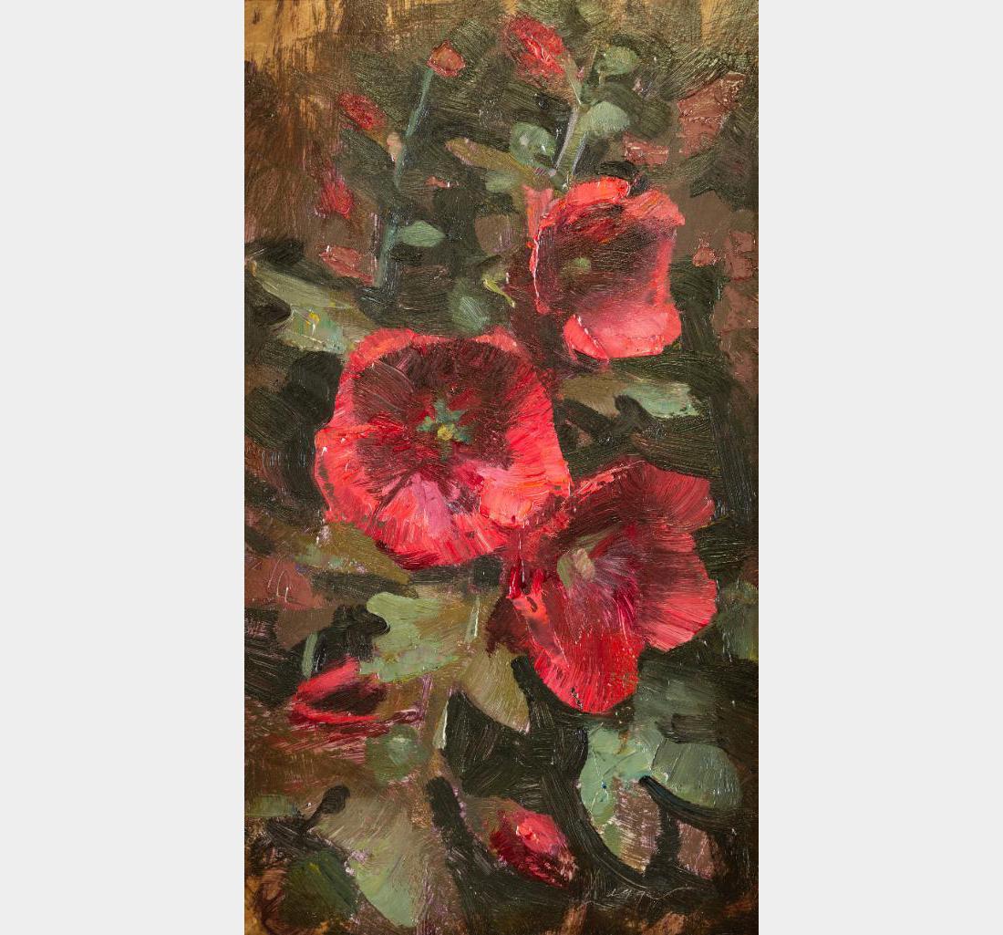 Jeff Legg, two oils: Jeff Legg (1959 - )(OPAM) Two oils: 1) Red Holly Hocks 14" x 8" oil on board Signed lower right 2) Covenant Cup 6" x 8" oil on board Signed and dated '07 lower right $800-1,200