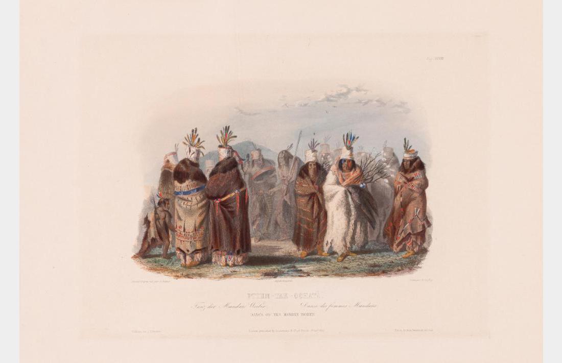 Karl Bodmer, handcolored lithograph: Karl Bodmer (1809-1893) Ptihn-Tak-Ochata - Dance of the Mandan Women 11.5" x 16.25" handcolored lithograph London Published by Ackermann & Co. 96th Strand. Dated 1st Jan 1839, Vig. XXVIII. $1,500-2,50