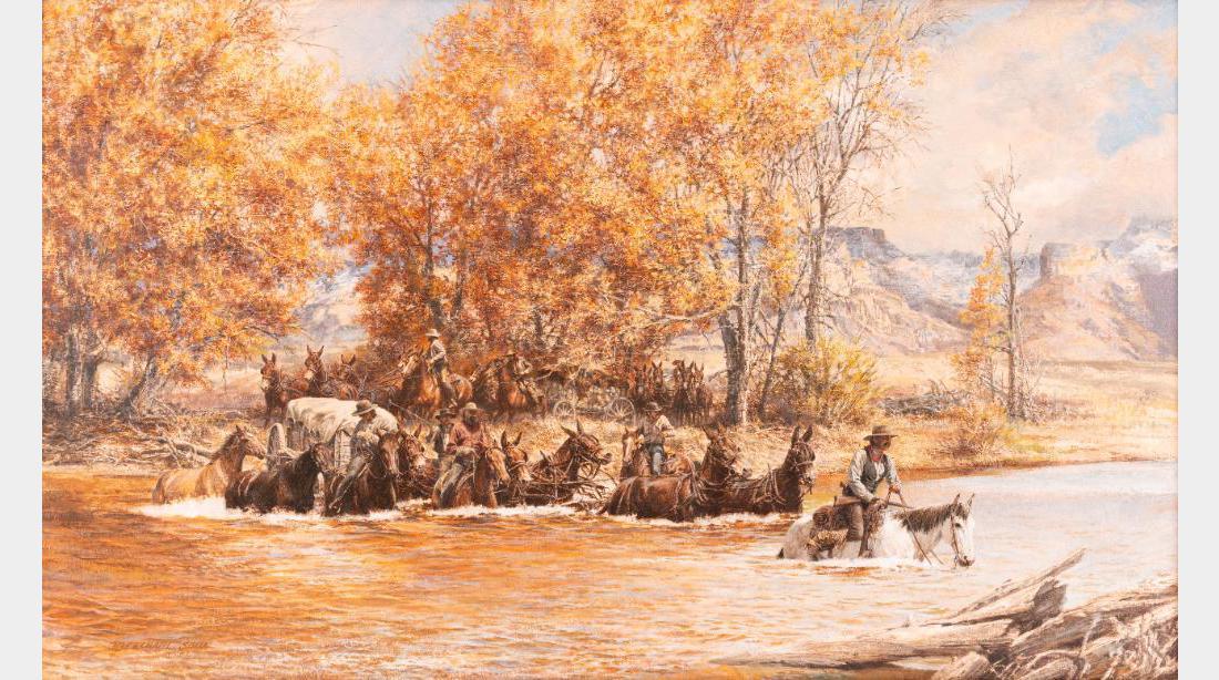 Tom Beecham, oil on canvas: Tom Beecham (1926-2000) Ute Country Crossing 24" x 40" oil on canvas Signed and dated '52 lower left, SAHA $1,500-2,500