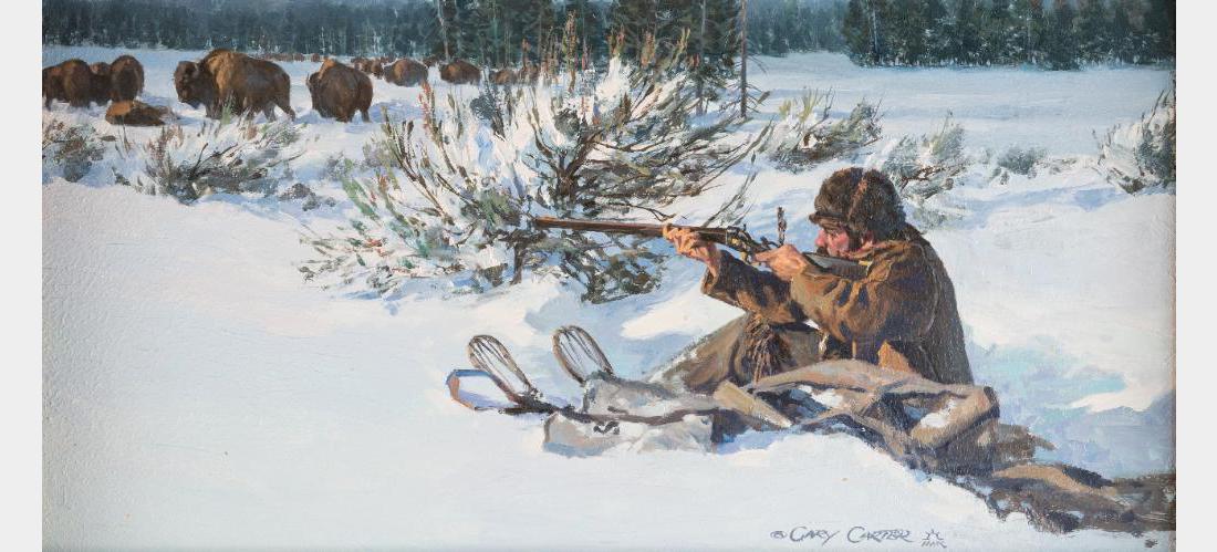 Gary Carter, oil on board: Gary Carter (1939 - )(CA) Northern Herd, 1883 10" x 20" oil on board Signed lower right Verso: Titled and signed. $1,000-1,500