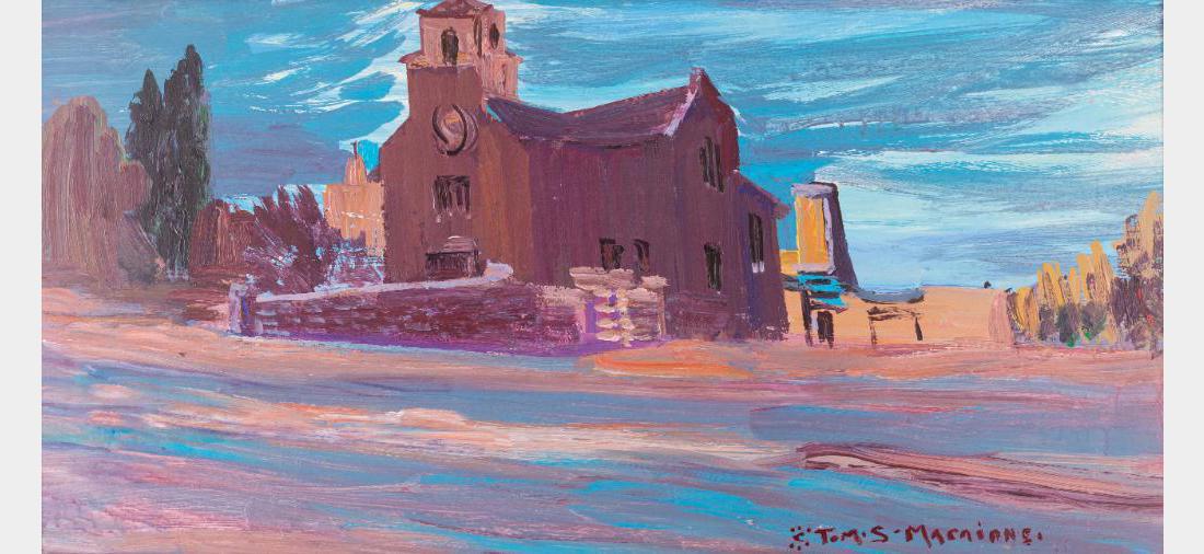 Tom Macaione, oil on board: Tom Macaione (1907-1992) Winter Sunset 16" x 40" oil on board Signed lower right $1,500-2,500