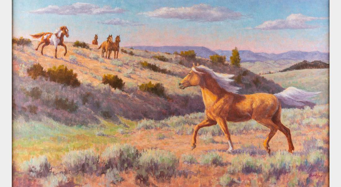Dave Hodges, oil on canvas: Dave Hodges (1949 - ) Challenged 30" x 50" oil on canvas Signed lower right Verso: Titled and signed. $6,000-8,000