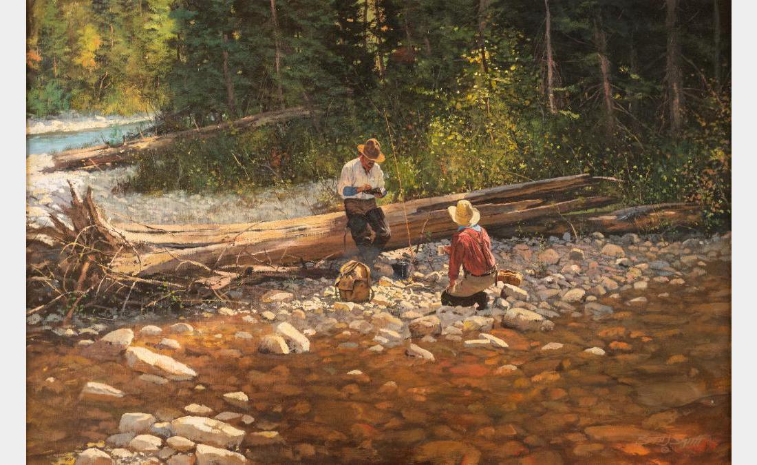 Brett Smith, oil on canvas: Brett James Smith (1958 - ) Riverside Lunch 24" x 36" oil on canvas Signed lower right $8,000-12,000 Provenance: Private Collection, Montana.
