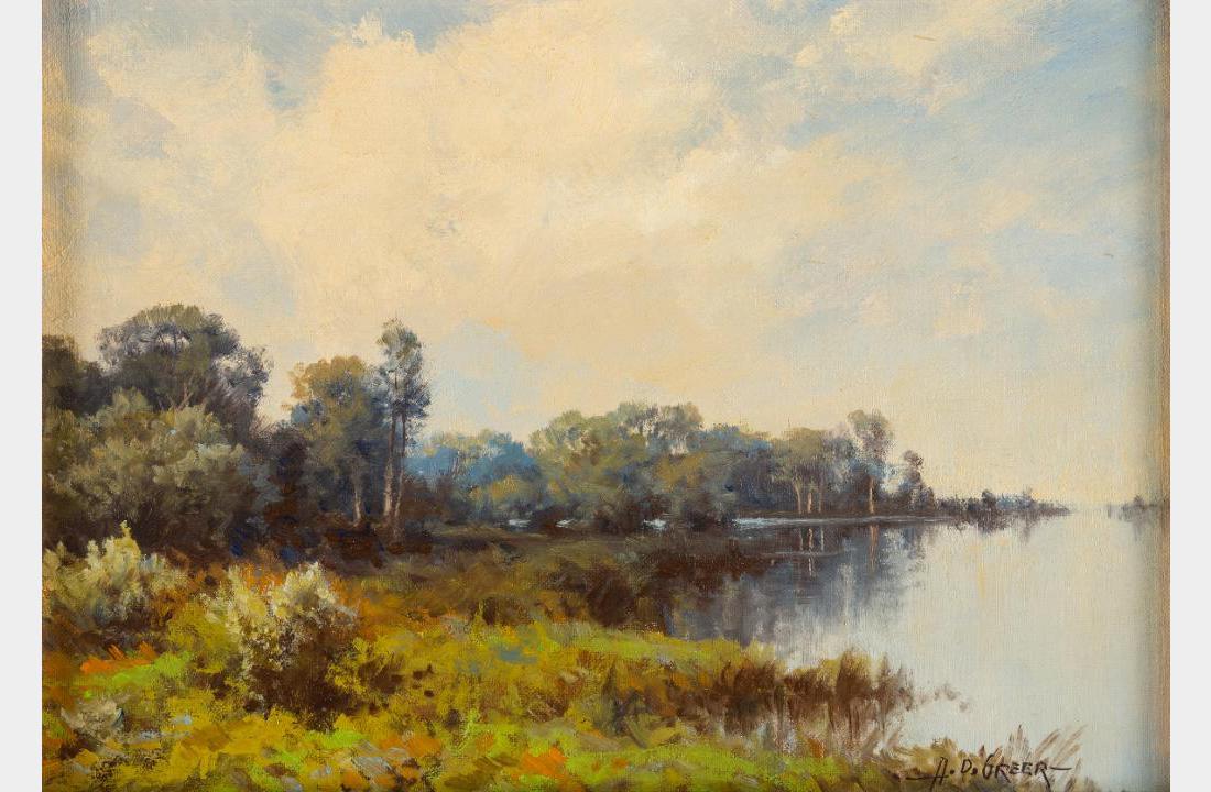 A.D. Greer, oil on canvas: A.D. Greer (1904-1998) Landscape 9.5" x 13.5" oil on canvas Signed lower right $600-900