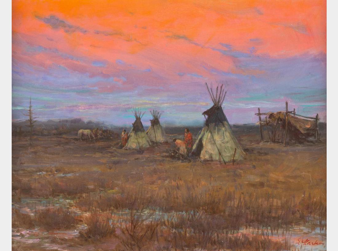 Lajos Markos, oil on board: Lajos Markos (1917-1993) Sunset at Indian Camp 16" x 20" oil on board Signed lower right $1,000-1,500
