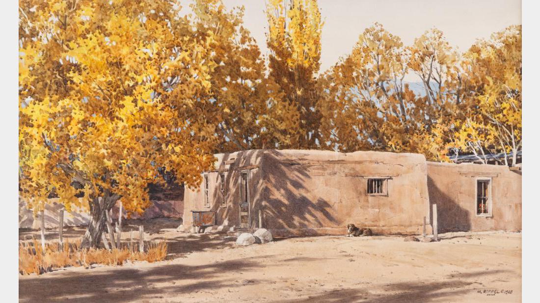Morris Rippel, watercolor: Morris Rippel (1930-2009)(NAWA) Pueblo 13" x 21.5" watercolor Signed and dated 1988 lower right, NAWA $4,000-6,000