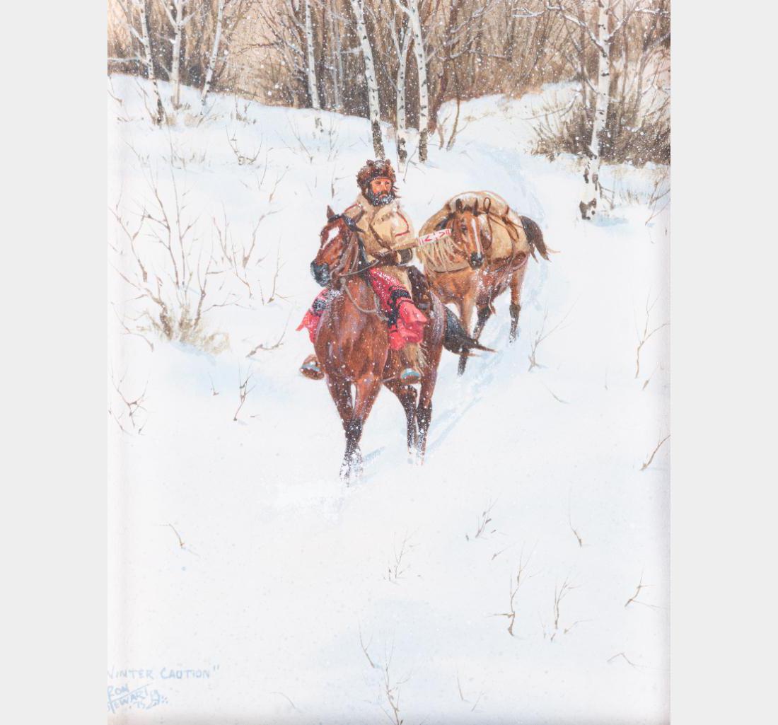 Ron Stewart, two mixed media: Ron Stewart (1941 - ) Two mixed medias: 1) Winter Caution 9" x 7.25" 2) Crossing Moose Creek 7.5" x 9.5" Each signed, titled and dated '75 lower left $800-1,200