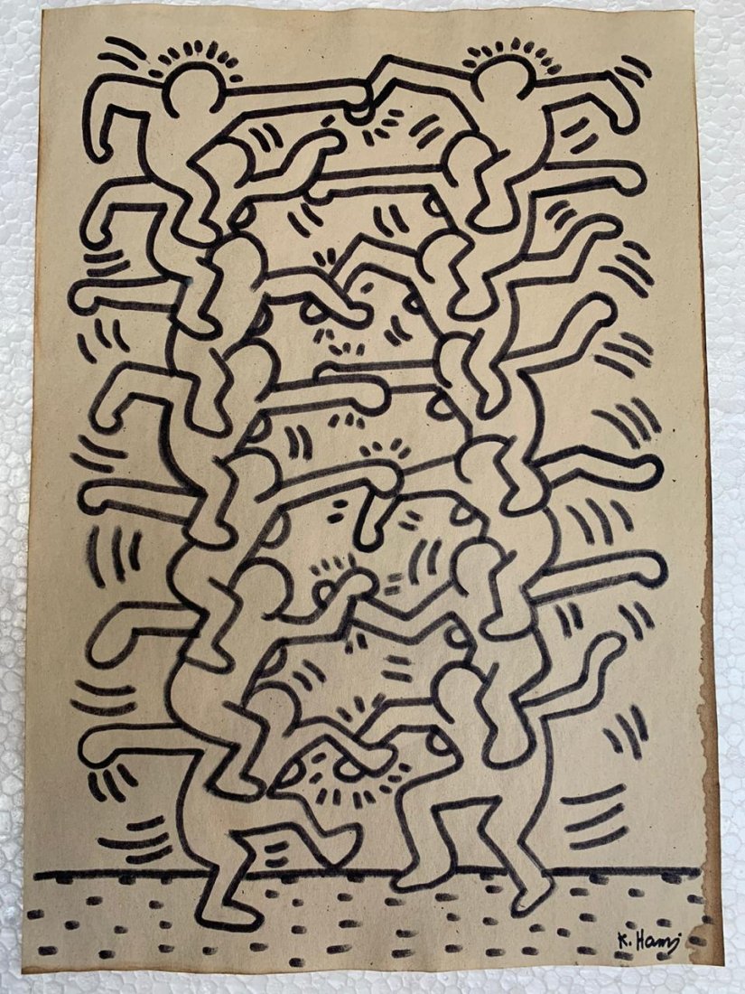Signed and Stamped Keith Haring Mixed Media on paper: Signed and Stamped Keith Haring Mixed Media on Paper on verso stamp inscribed "Art Gallery New York" . Aprox size 20 x 30 cm. This item has limited provenance, it doesnt have any documentation or cerf