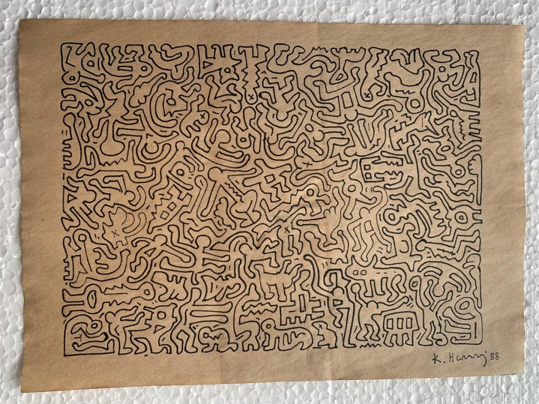 Signed and Stamped Keith Haring Mixed Media on paper: Signed and Stamped Keith Haring Mixed Media on Paper on verso stamp inscribed "Art Gallery New York". Aprox size 20 x 30 cm. This item has limited provenance, it doesnt have any documentation or cerfi