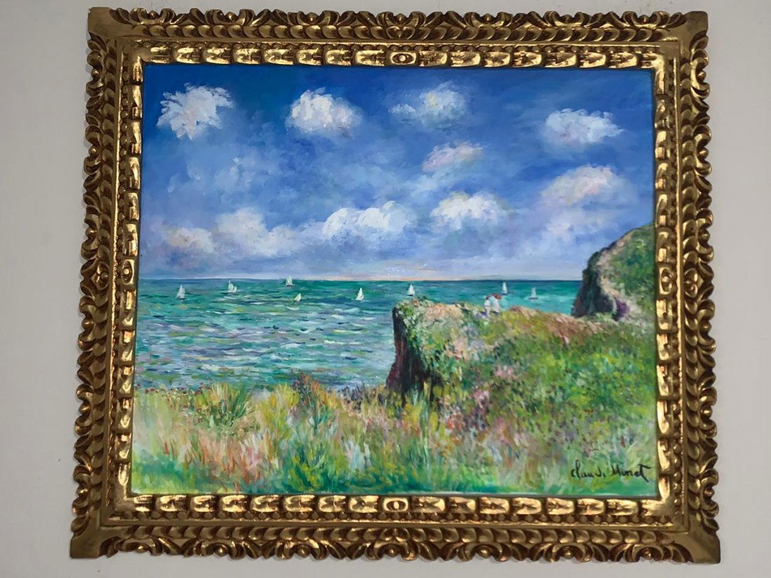 Claude O. Monet oil on canvas painting,signed & stamped: Claude Monet artist, Oil on canvas painting. Signed and stamped frame. I sell this item to the maner or artist style. It does not have any document provenance. Measures: Framed: 64 x 74 cm, not framed