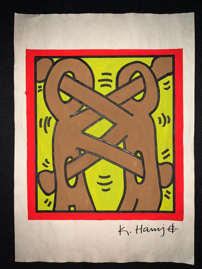 Signed and Stamped Keith Haring Mixed Media on paper: Signed and Stamped Keith Haring Mixed Media on Paper on verso stamp inscribed "Art Gallery New York". Aprox size 20 x 30 cm. This item has limited provenance, it doesnt have any documentation or cerfi