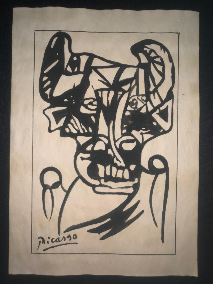 Signed and Stamped Pablo Picasso Mixed Media on paper: Signed and Stamped Pablo Picasso Spanish Artist Mixed Media on Paper, on verso inscribed "Succ. Pablo Picasso Coll. Marina Picasso", "Gallerie Mathias Fels Paris". Aprox size 20 x 30 cm. This item has