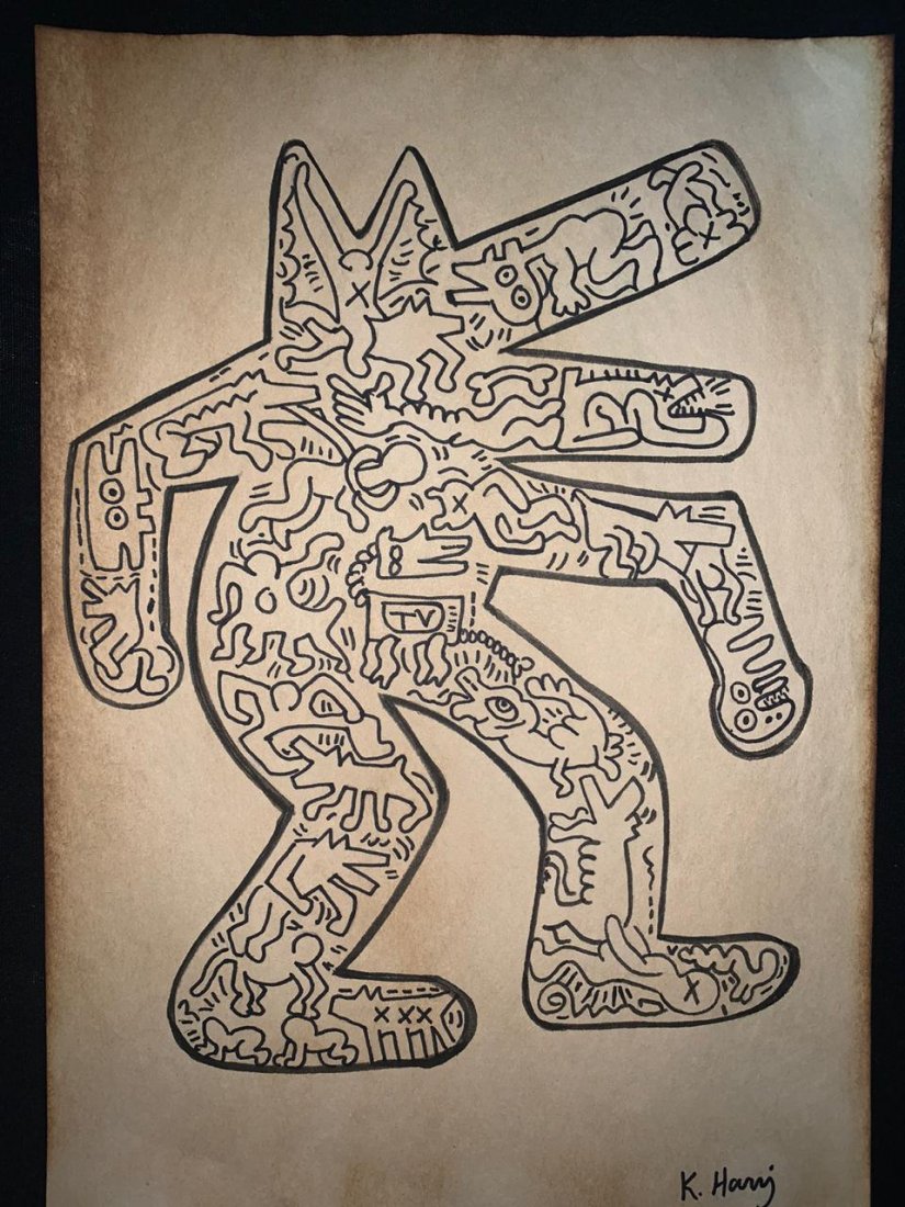 Signed and Stamped Keith Haring Mixed Media on paper: Signed and Stamped Keith Haring Mixed Media on Paper on verso stamp inscribed \"Art Gallery New York\". Aprox size 20 x 30 cm. This item has limited provenance, it doesnt have any documentation or cer