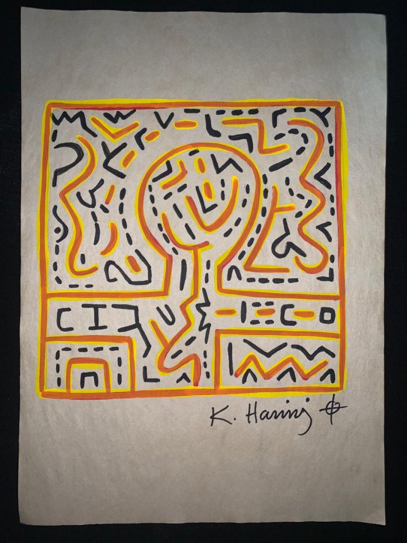 Signed and Stamped Keith Haring Mixed Media on paper: Signed and Stamped Keith Haring Mixed Media on Paper on verso stamp inscribed "Art Gallery New York". Aprox size 20 x 30 cm. This item has limited provenance, it doesnt have any documentation or cerfi