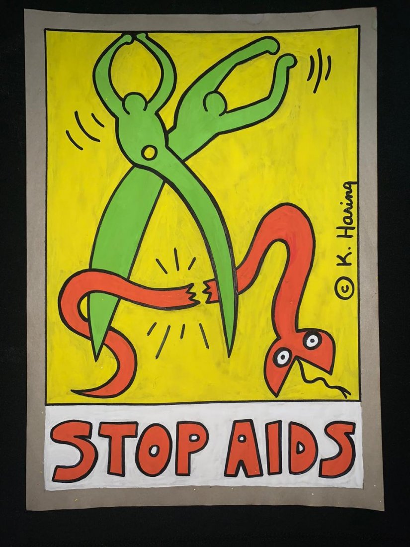 Signed and Stamped Keith Haring Mixed Media on paper: Signed and Stamped Keith Haring Mixed Media on Paper on verso stamp inscribed "Art Gallery New York". Aprox size 20 x 30 cm. This item has limited provenance, it doesnt have any documentation or cerfi