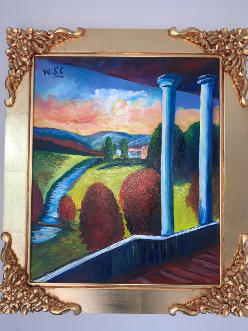 Winston Churchill Oil on canvas, signed & stamped: Winston Churchill Oil on canvas painting. Signed and stamped frame. I sell this item to the maner or artist style. It does not have any document provenance. Measures: Framed: 64 x 74 cm, not framed: 5