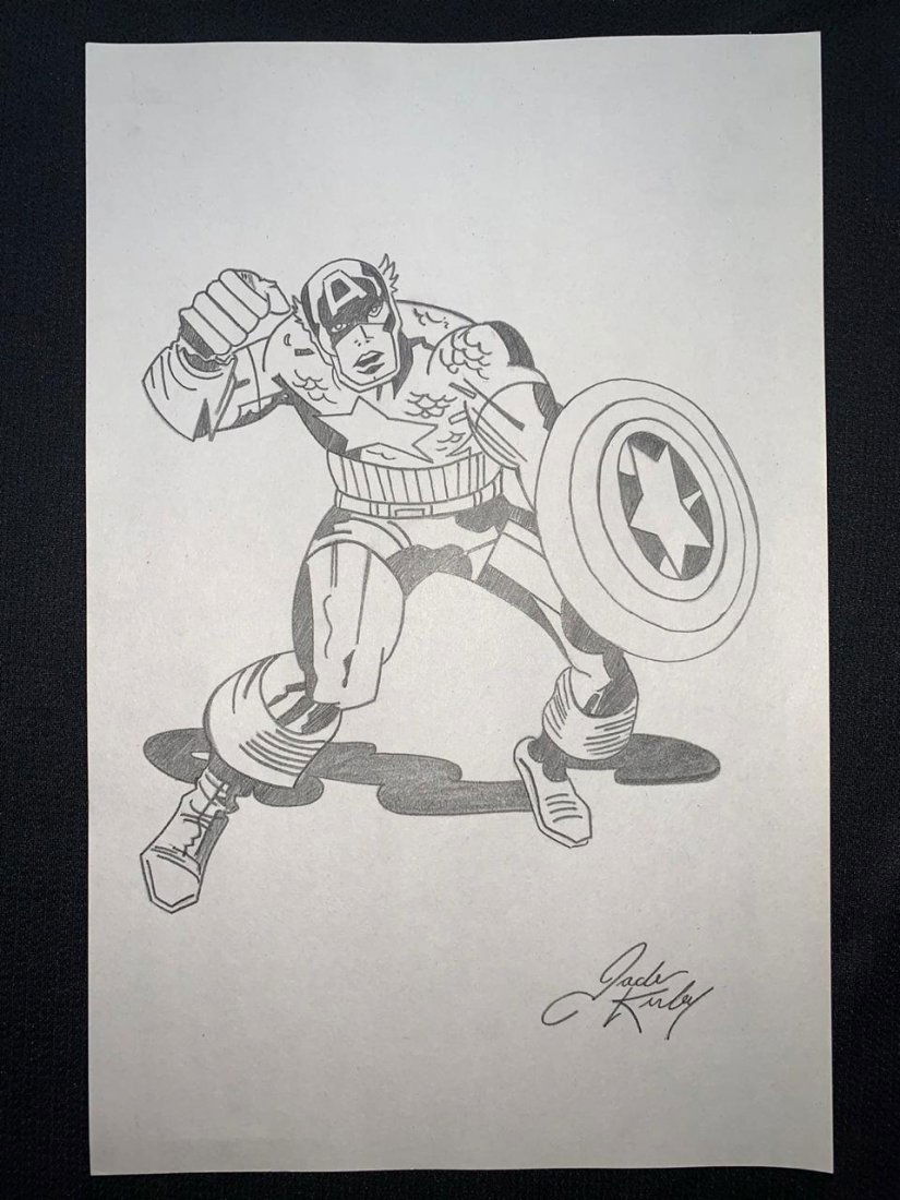 Signed and Stamped Jack Kirby Drawing on paper: Signed and Stamped Jack Kirby Drawing on paper, see photos. Aprox size 20 x 30 cm. This item has limited provenance, it doesnt have any documentation or cerfication, Sold "as is" to the manner or styl