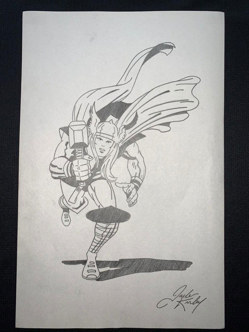 Signed and Stamped Jack Kirby Drawing on paper: Signed and Stamped Jack Kirby Drawing on paper, see photos. Aprox size 20 x 30 cm. This item has limited provenance, it doesnt have any documentation or cerfication, Sold "as is" to the manner or styl