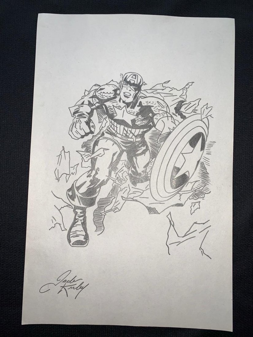 Signed and Stamped Jack Kirby Drawing on paper: Signed and Stamped Jack Kirby Drawing on paper, see photos. Aprox size 20 x 30 cm. This item has limited provenance, it doesnt have any documentation or cerfication, Sold "as is" to the manner or styl