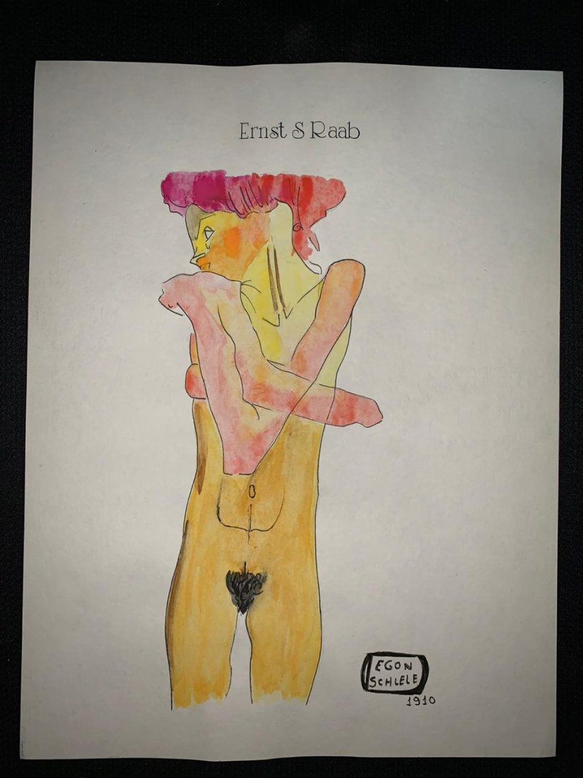 Signed and Stamped Egon Schiele Mixed Medio on paper: Signed and Stamped Egon Schiele, Austrian Artist Mixed Media on Paper. Aprox size 20 x 30 cm. This item has limited provenance, it doesnt have any documentation or cerfication, Sold "as is" to the man