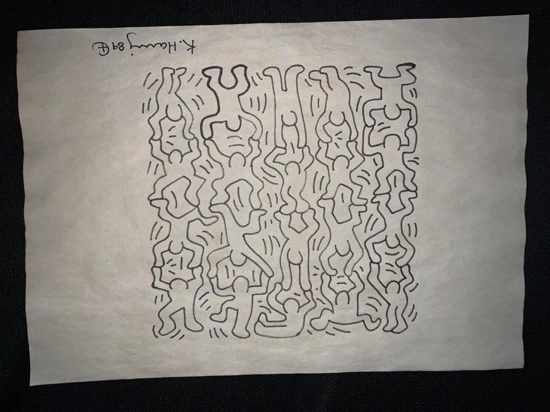 Signed and Stamped Keith Haring Mixed Media on paper: Signed and Stamped Keith Haring Mixed Media on Paper. Aprox size 20 x 30 cm. This item has limited provenance, it doesnt have any documentation or cerfication, Sold "as is" to the manner or style of t