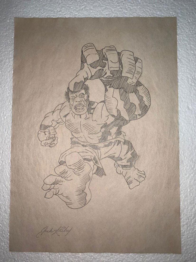 Signed and Stamped Jack Kirby Drawing on paper: Signed and Stamped Jack Kirby Drawing on paper on verso stamp inscribed "Cossio Art Gallery" Aprox size 20 x 30 cm. This item has limited provenance, it doesnt have any documentation or cerfication, S