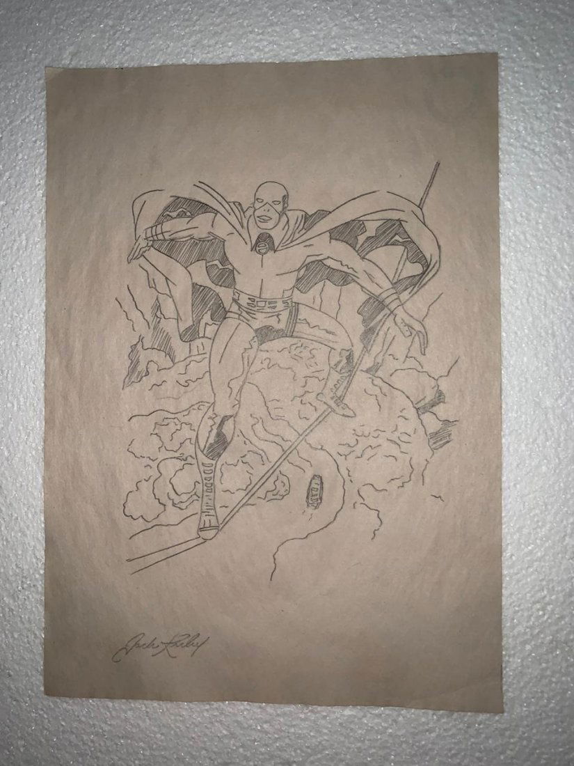 Signed and Stamped Jack Kirby Drawing on paper: Signed and Stamped Jack Kirby Drawing on paper on verso stamp inscribed "Cossio Art Gallery" Aprox size 20 x 30 cm. This item has limited provenance, it doesnt have any documentation or cerfication, S
