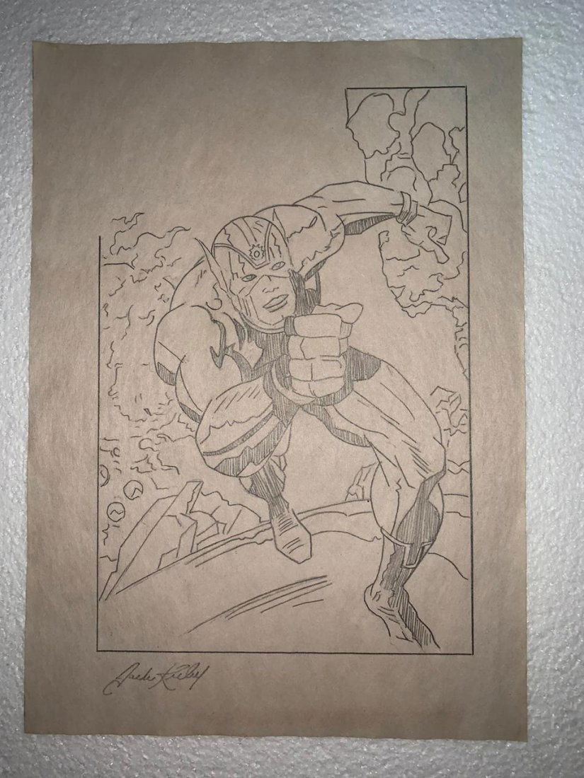 Signed and Stamped Jack Kirby Drawing on paper: Signed and Stamped Jack Kirby Drawing on paper on verso stamp inscribed "Cossio Art Gallery" Aprox size 20 x 30 cm. This item has limited provenance, it doesnt have any documentation or cerfication, S