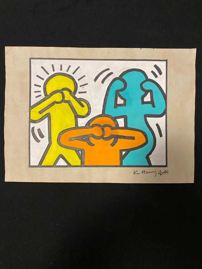 Signed and Stamped Keith Haring Mixed Media on paper: Signed and Stamped Keith Haring Mixed Media on Paper. Aprox size 20 x 30 cm. This item has limited provenance, it doesnt have any documentation or cerfication, Sold "as is" to the manner or style of t