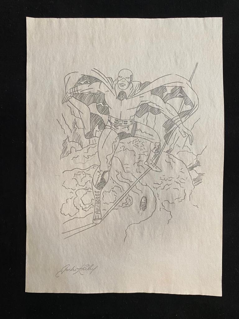 Signed and Stamped Jack Kirby Drawing on paper: Signed and Stamped Jack Kirby Drawing on paper, Aprox size 20 x 30 cm. This item has limited provenance, it doesnt have any documentation or cerfication, Sold "as is" to the manner or style of the art