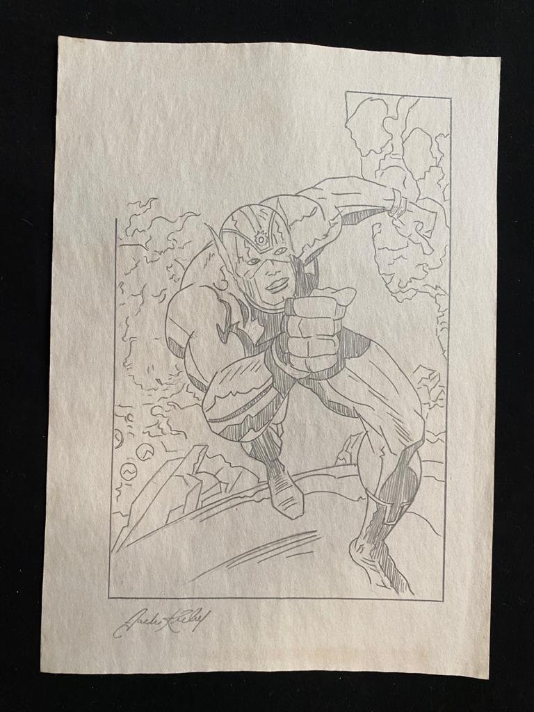 Signed and Stamped Jack Kirby Drawing on paper: Signed and Stamped Jack Kirby Drawing on paper, Aprox size 20 x 30 cm. This item has limited provenance, it doesnt have any documentation or cerfication, Sold "as is" to the manner or style of the art