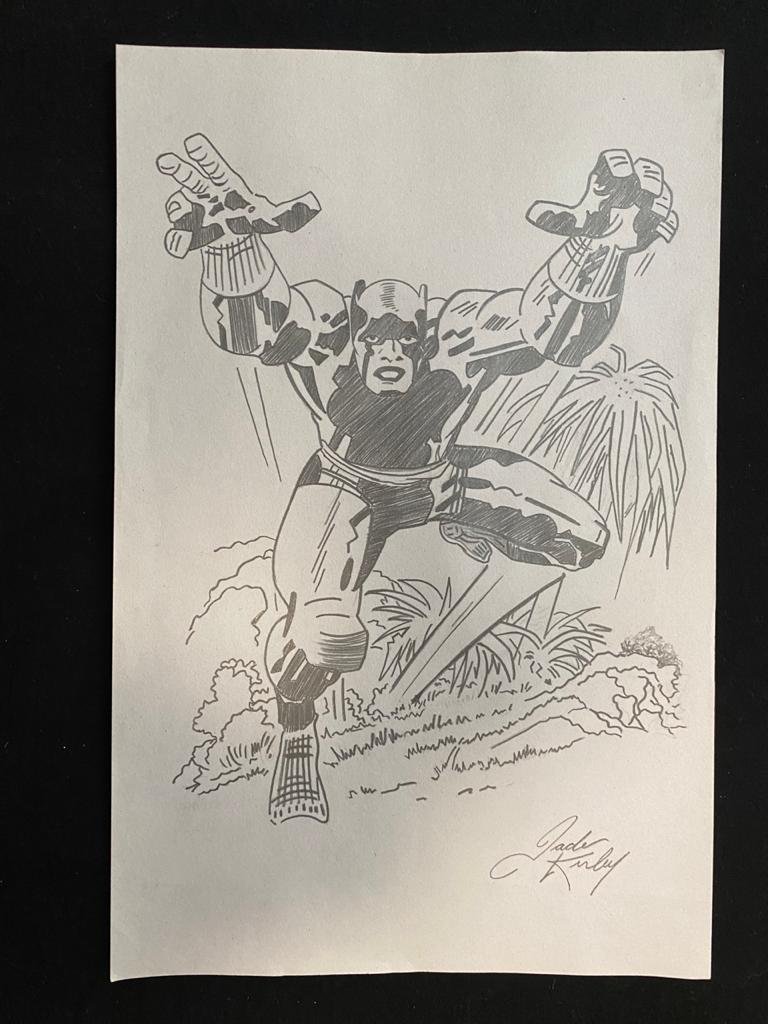 Signed and Stamped Jack Kirby Drawing on paper: Signed and Stamped Jack Kirby Drawing on paper, Aprox size 21 x 33 cm. This item has limited provenance, it doesnt have any documentation or cerfication, Sold "as is" to the manner or style of the art