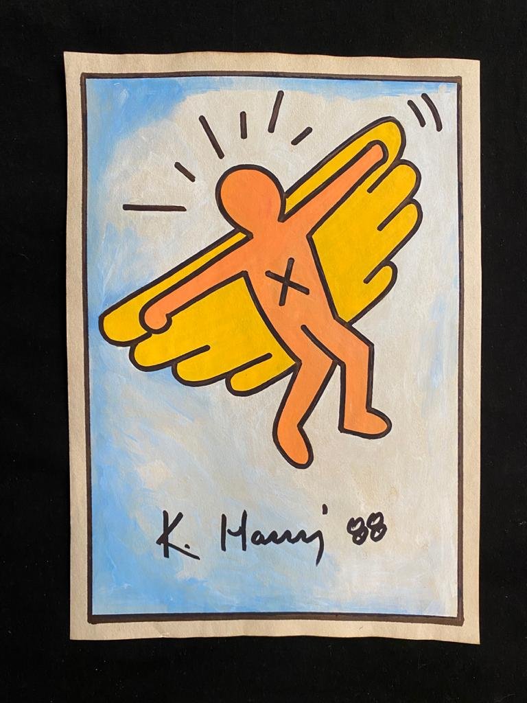 Signed and Stamped Keith Haring Mixed Media on paper: Signed and Stamped Keith Haring Mixed Media on Paper. Aprox size 20 x 30 cm. This item has limited provenance, it doesnt have any documentation or cerfication, Sold "as is" to the manner or style of t