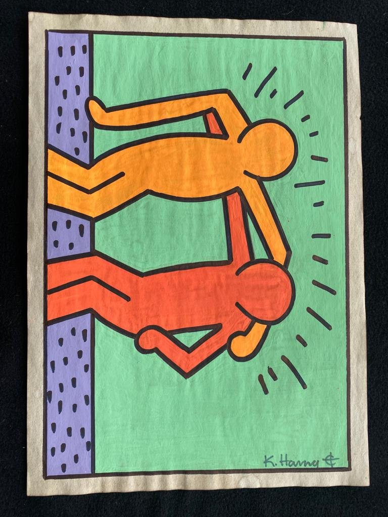 Signed and Stamped Keith Haring Mixed Media on paper: Signed and Stamped Keith Haring Mixed Media on Paper. Aprox size 20 x 30 cm. This item has limited provenance, it doesnt have any documentation or cerfication, Sold "as is" to the manner or style of t