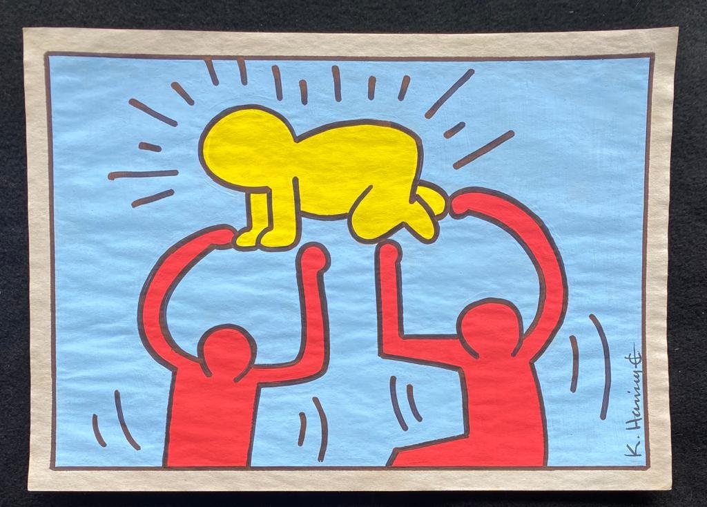 Signed and Stamped Keith Haring Mixed Media on paper: Signed and Stamped Keith Haring Mixed Media on Paper. Aprox size 20 x 30 cm. This item has limited provenance, it doesnt have any documentation or cerfication, Sold "as is" to the manner or style of t